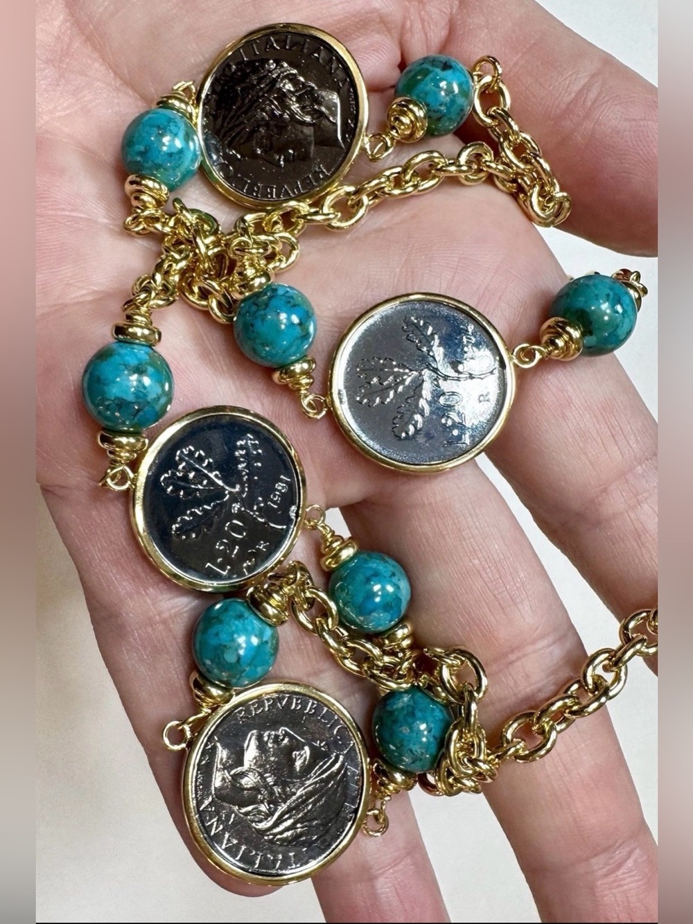 Signed Bellezza Turquoise and 240 Lira Coin Long Necklace #1426